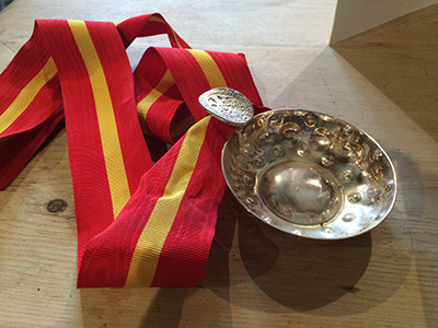 A traditional silver French wine-tasting cup awarded to Emma as a member of the Confrérie des Chevaliers du Tastevin (Burgundy wine experts)